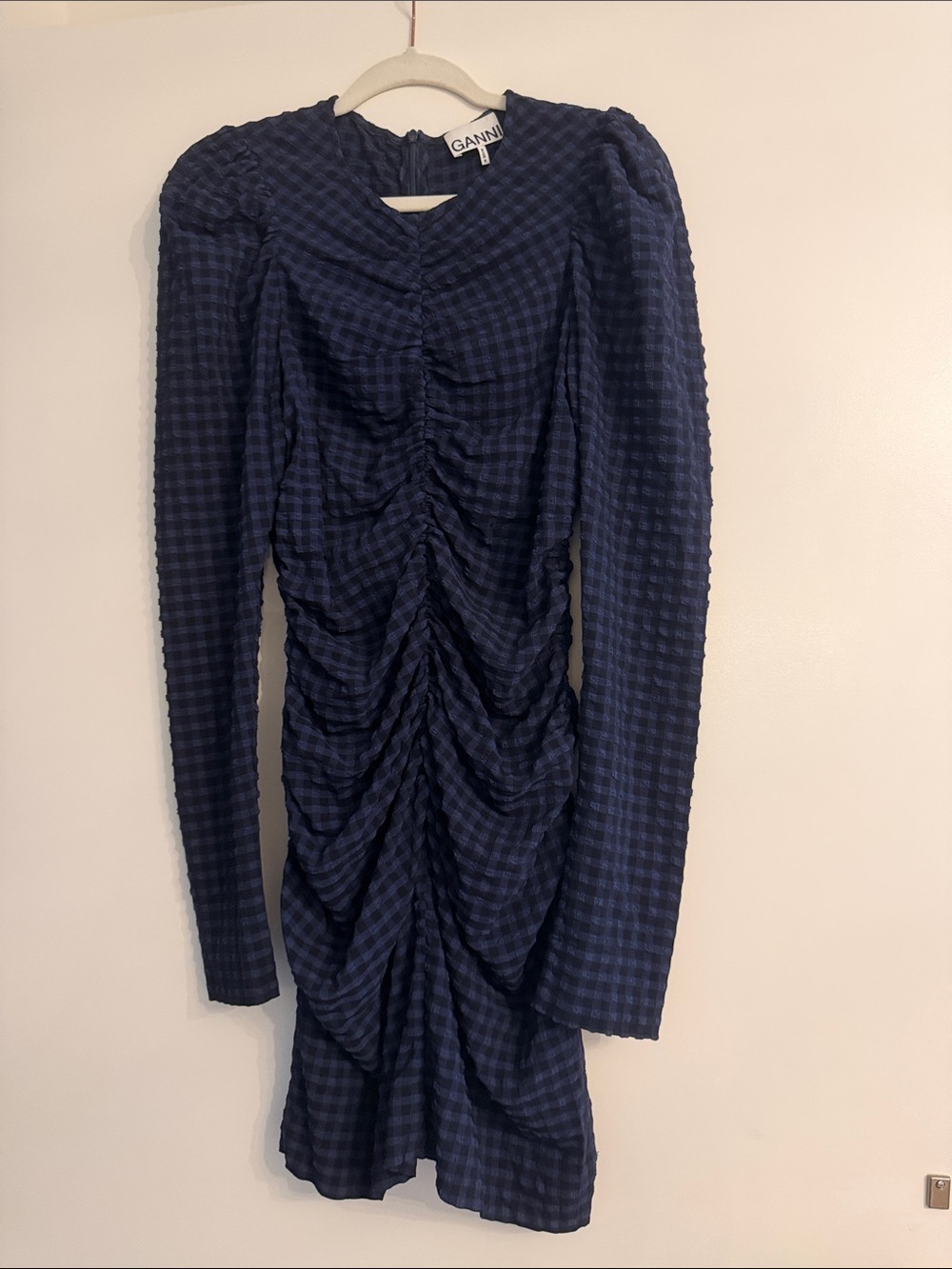 Ganni Navy Check Ruched Long Sleeve Mini Dress